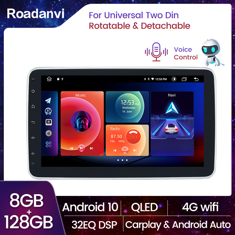 Roadanvi F10 for 2 din Universal 10.2 inch Car Stereo Deachtable Rotatable Apple Carplay Android Auto AI Voice Control IPS Screen Wifi 8G 128G Audio