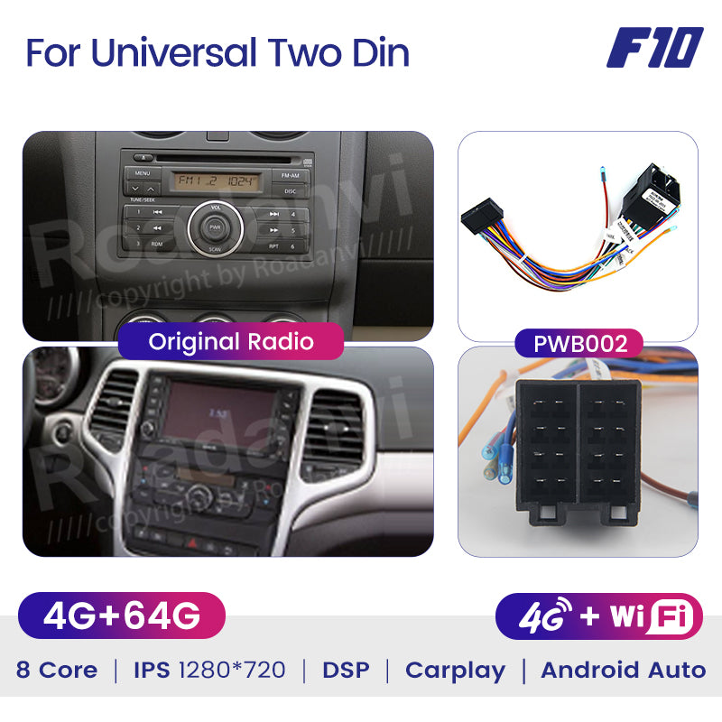 Roadanvi F10 For Double Din Universal Car Stereo 10.2 inch Android Auto Carplay 1280*720 Detachable Rotatable Audio